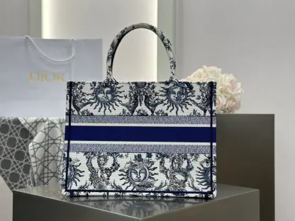 Replica Medium Dior Book Tote White and Navy Blue Toile de Jouy Soleil Embroidery #3274 - Image 6