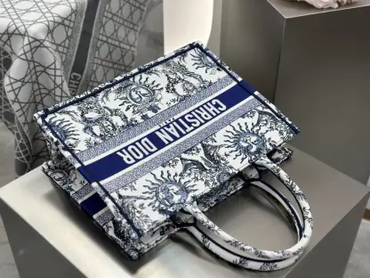 Replica Medium Dior Book Tote White and Navy Blue Toile de Jouy Soleil Embroidery #3274 - Image 7