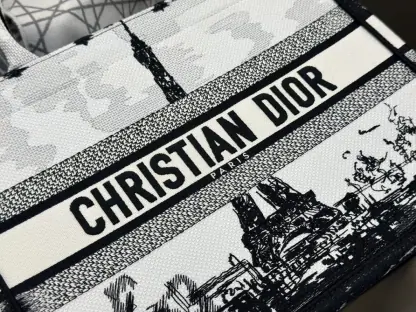 Replica Medium Dior Book Tote White and Black Paris Embroidery #3267 - Image 17