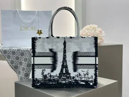 Replica Medium Dior Book Tote White and Black Paris Embroidery #3267 - Image 18