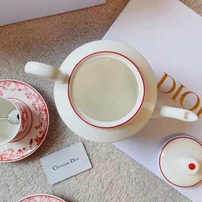 Replica Dior Coffee Set Coffee Saucer Cup Pot  Spoon 7 pcs set Burgundy Toile de Jouy Tiger #3461 - Image 2