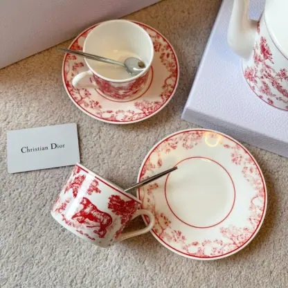 Replica Dior Coffee Set Coffee Saucer Cup Pot  Spoon 7 pcs set Burgundy Toile de Jouy Tiger #3461 - Image 4