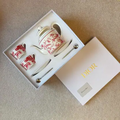 Replica Dior Coffee Set Coffee Saucer Cup Pot  Spoon 7 pcs set Burgundy Toile de Jouy Tiger #3461 - Image 3
