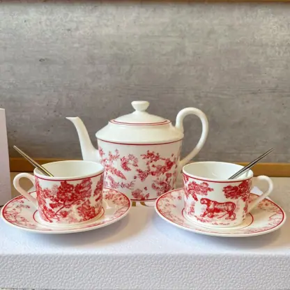 Replica Dior Coffee Set Coffee Saucer Cup Pot  Spoon 7 pcs set Burgundy Toile de Jouy Tiger #3461 - Image 5