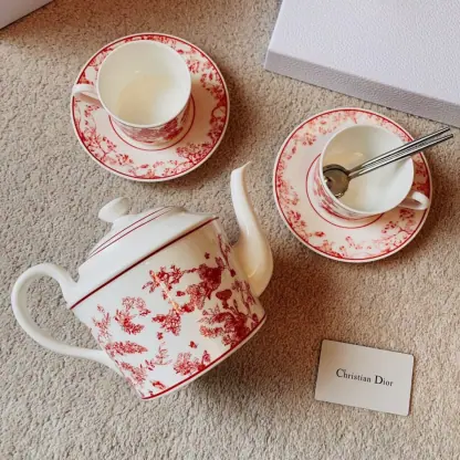 Replica Dior Coffee Set Coffee Saucer Cup Pot  Spoon 7 pcs set Burgundy Toile de Jouy Tiger #3461 - Image 6