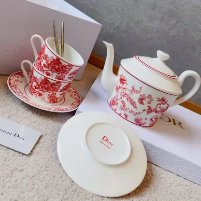 Replica Dior Coffee Set Coffee Saucer Cup Pot  Spoon 7 pcs set Burgundy Toile de Jouy Tiger #3461 - Image 7