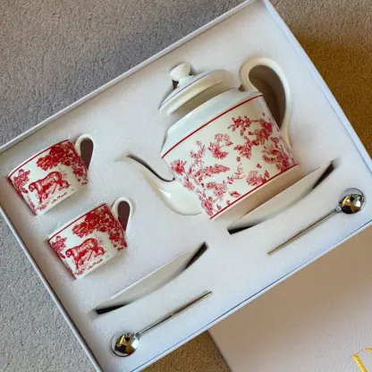 Replica Dior Coffee Set Coffee Saucer Cup Pot  Spoon 7 pcs set Burgundy Toile de Jouy Tiger #3461 - Image 8