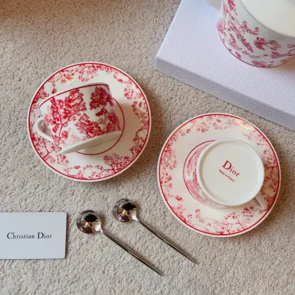 Replica Dior Coffee Set Coffee Saucer Cup Pot  Spoon 7 pcs set Burgundy Toile de Jouy Tiger #3461 - Image 9