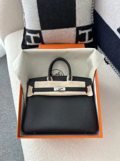 Replica Hermes Birkin 25cm CK89 Noir Handmade Hand Stitching Togo Sliver #3526 - Image 7