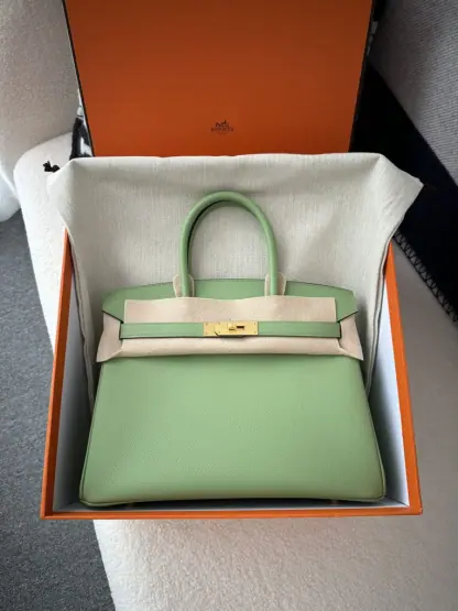 Replica Hermes Birkin 30cm 3I Vert Criquet Handmade Hand Stitching Epsom Gold #3523 - Image 9