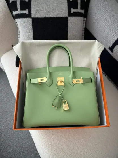 Replica Hermes Birkin 30cm 3I Vert Criquet Handmade Hand Stitching Epsom Gold #3523 - Image 11