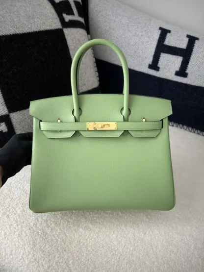 Replica Hermes Birkin 25cm 3I Vert Criquet Handmade Hand Stitching Epsom Gold #3523