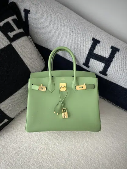 Replica Hermes Birkin 30cm 3I Vert Criquet Handmade Hand Stitching Epsom Gold #3523 - Image 8