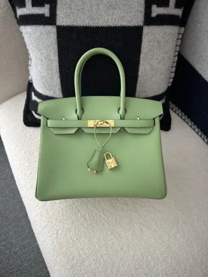 Replica Hermes Birkin 30cm 3I Vert Criquet Handmade Hand Stitching Epsom Gold #3523 - Image 13