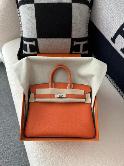 Replica Hermes Birkin 25cm CK93 Orange Handmade Hand Stitching Togo Sliver #3517 - Image 10