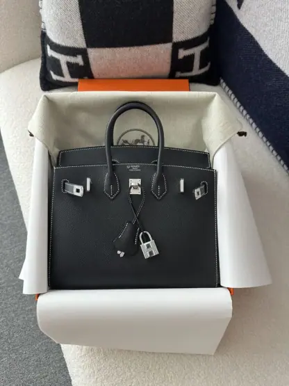 Replica Hermes Birkin 25cm CK89 Noir Handmade Hand Stitching Epsom Sliver #3512 - Image 12