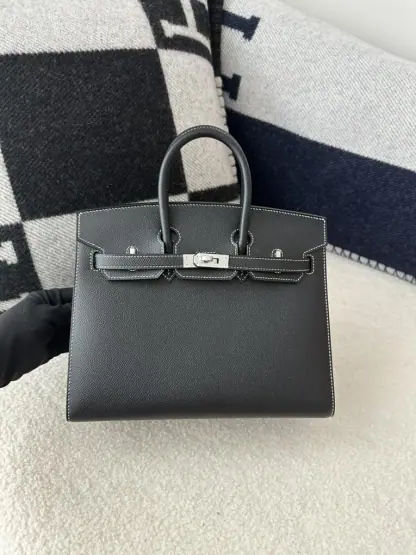 Replica Hermes Birkin 25cm CK89 Noir Handmade Hand Stitching Epsom Sliver #3512 - Image 14