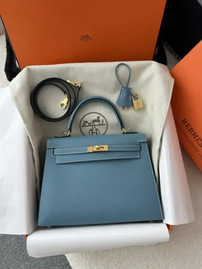 Replica Hermes Kelly 25 CC75 Blue jean Handmade Epsom Gold #3546 - Image 18