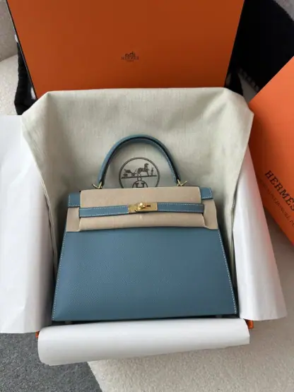Replica Hermes Kelly 25 CC75 Blue jean Handmade Epsom Gold #3546 - Image 19