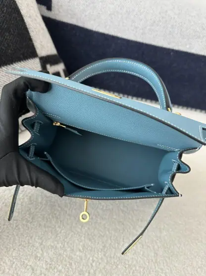 Replica Hermes Kelly 25 CC75 Blue jean Handmade Epsom Gold #3546 - Image 6