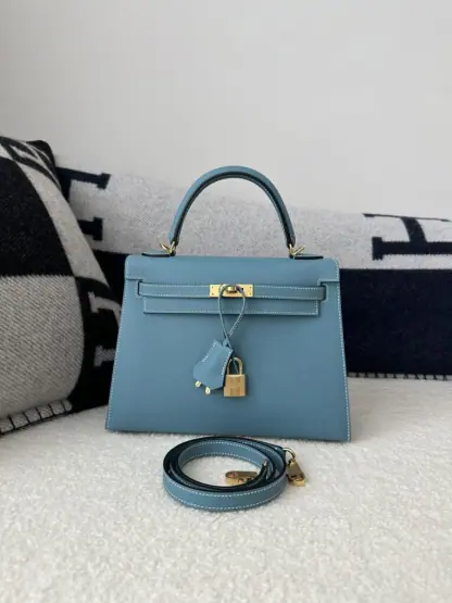 Replica Hermes Kelly 25 CC75 Blue jean Handmade Epsom Gold #3546 - Image 13