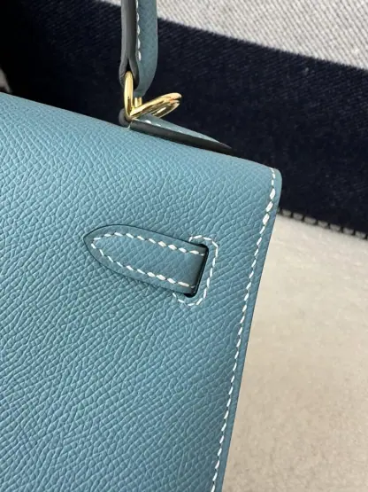 Replica Hermes Kelly 25 CC75 Blue jean Handmade Epsom Gold #3546 - Image 8