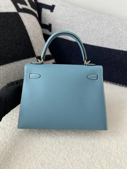 Replica Hermes Kelly 25 CC75 Blue jean Handmade Epsom Gold #3546 - Image 14
