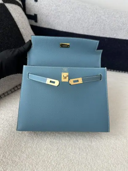 Replica Hermes Kelly 25 CC75 Blue jean Handmade Epsom Gold #3546 - Image 9