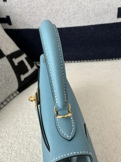 Replica Hermes Kelly 25 CC75 Blue jean Handmade Epsom Gold #3546 - Image 15