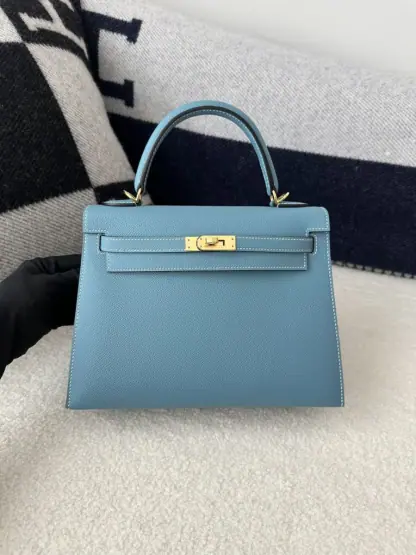 Replica Hermes Kelly 25 CC75 Blue jean Handmade Epsom Gold #3546 - Image 16