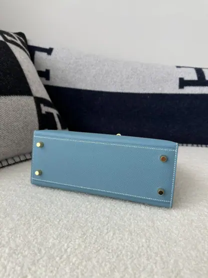 Replica Hermes Kelly 25 CC75 Blue jean Handmade Epsom Gold #3546 - Image 11