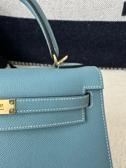 Replica Hermes Kelly 25 CC75 Blue jean Handmade Epsom Gold #3546 - Image 17