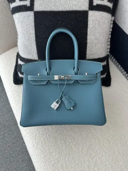 Replica Hermes Birkin 25cm D2 New Blue jean Handmade Hand Stitching Togo Sliver #3506 - Image 14