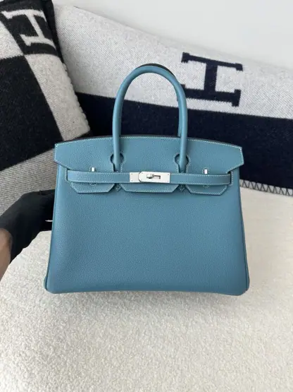 Replica Hermes Birkin 25cm D2 New Blue jean Handmade Hand Stitching Togo Sliver #3506 - Image 11
