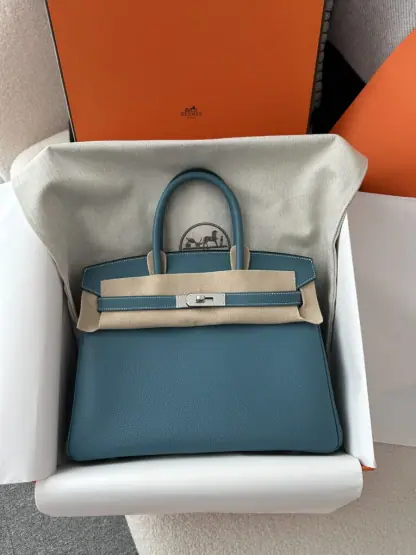 Replica Hermes Birkin 25cm D2 New Blue jean Handmade Hand Stitching Togo Sliver #3506 - Image 15