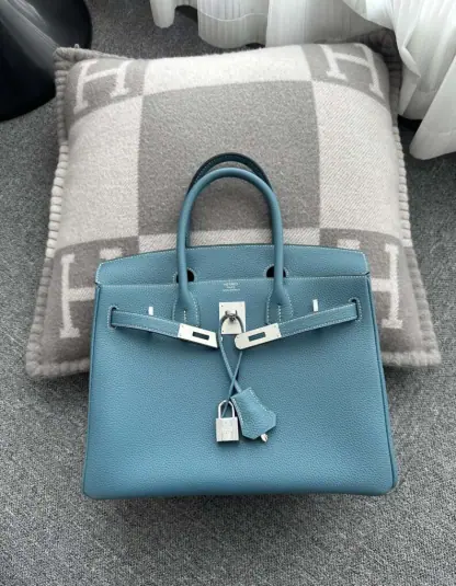 Replica Hermes Birkin 25cm D2 New Blue jean Handmade Hand Stitching Togo Sliver #3506 - Image 8
