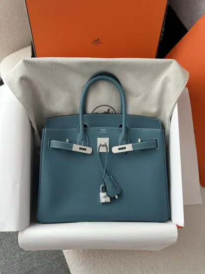 Replica Hermes Birkin 25cm D2 New Blue jean Handmade Hand Stitching Togo Sliver #3506 - Image 16