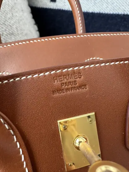 Replica Hermes Birkin 25cm CC34 Favue Handmade Hand Stitching Barenia natural Gold Hardware #3503 - Image 5
