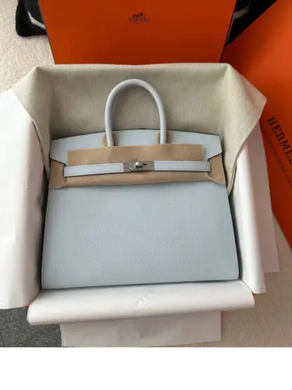 Replica Hermes Birkin 25cm T0 Blue brume Handmade Hand Stitching Epsom Leather Sliver Hardware #3502 - Image 11