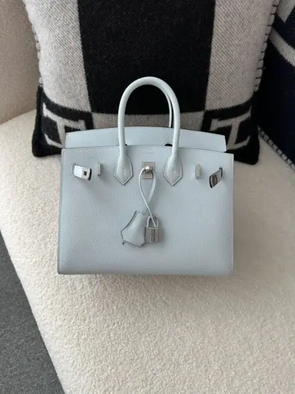 Replica Hermes Birkin 25cm T0 Blue brume Handmade Hand Stitching Epsom Leather Sliver Hardware #3502 - Image 4