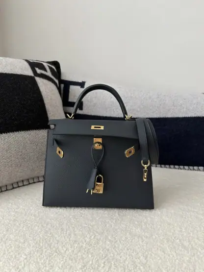 Replica Hermes Kelly 25 2Z Blue Niut Handmade Epsom Gold #3536 - Image 2