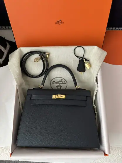 Replica Hermes Kelly 25 2Z Blue Niut Handmade Epsom Gold #3536 - Image 15