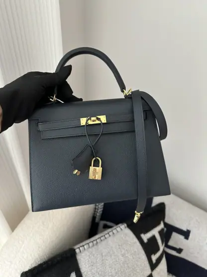 Replica Hermes Kelly 25 2Z Blue Niut Handmade Epsom Gold #3536 - Image 16