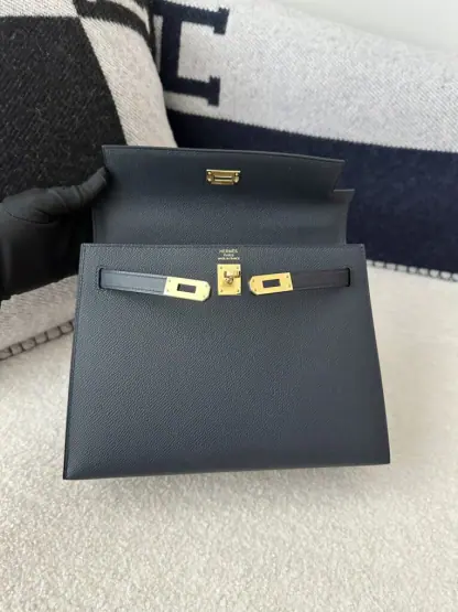 Replica Hermes Kelly 25 2Z Blue Niut Handmade Epsom Gold #3536 - Image 5