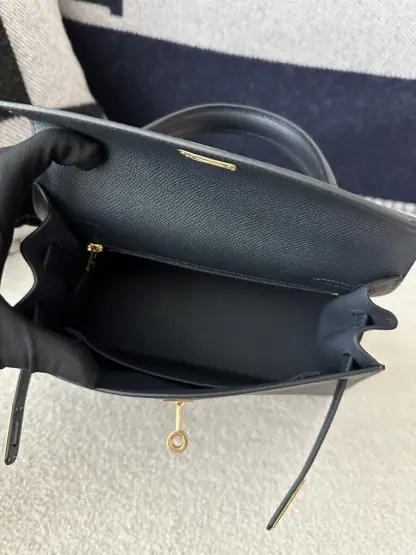 Replica Hermes Kelly 25 2Z Blue Niut Handmade Epsom Gold #3536 - Image 4