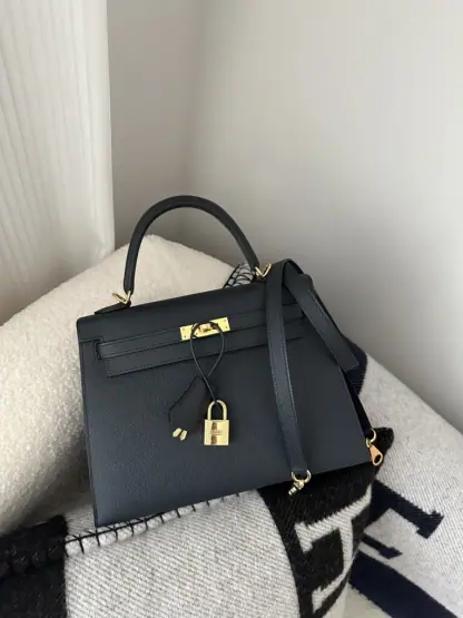 Replica Hermes Kelly 25 2Z Blue Niut Handmade Epsom Gold #3536 - Image 17