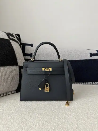 Replica Hermes Kelly 25 2Z Blue Niut Handmade Epsom Gold #3536 - Image 18