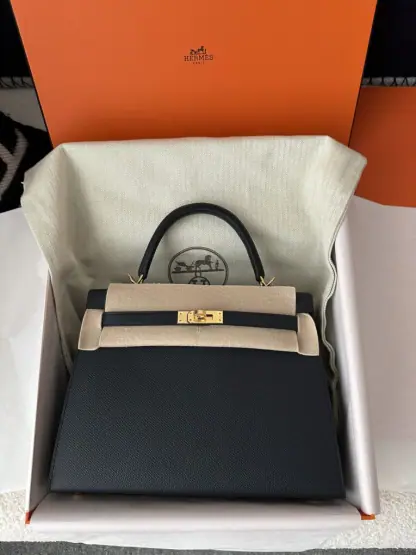 Replica Hermes Kelly 25 2Z Blue Niut Handmade Epsom Gold #3536 - Image 13
