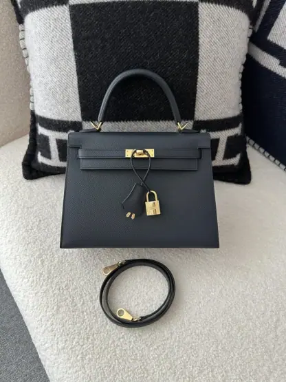 Replica Hermes Kelly 25 2Z Blue Niut Handmade Epsom Gold #3536 - Image 14