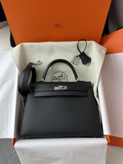 Replica Hermes Kelly 25 CK89 Noir Handmade Epsom Sliver #3535 - Image 5